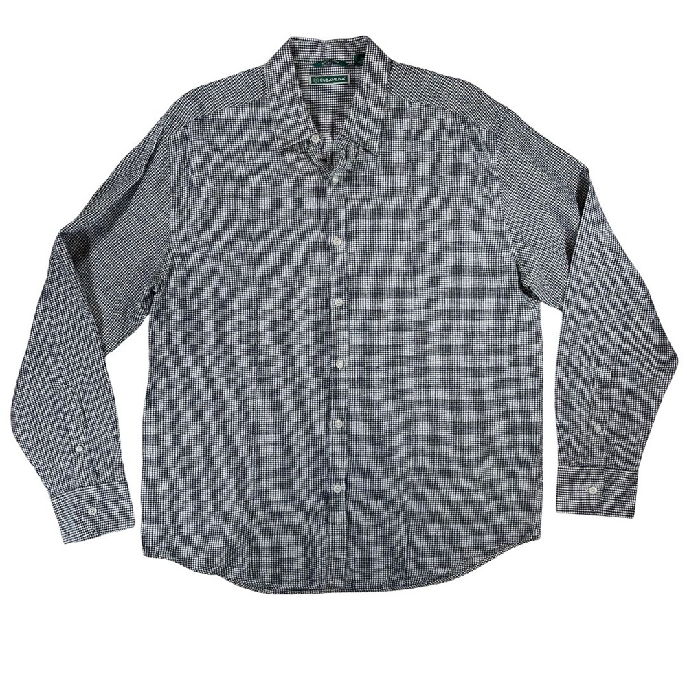 Cubavera Linen Shirt Mens L Blue White Check Button Down Long Sleeve